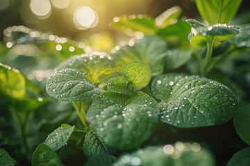 Close up leaves green plants cultivated on soil at sunset