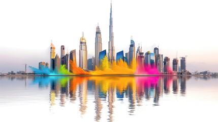 Vibrant color splash across a modern city skyline, reflected in calm water, highlighting architectural magnificence and urban art creativity.