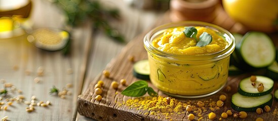 Home made mustard with courgette and mustard seed with white interior background pastel background. with copy space image. Place for adding text or design