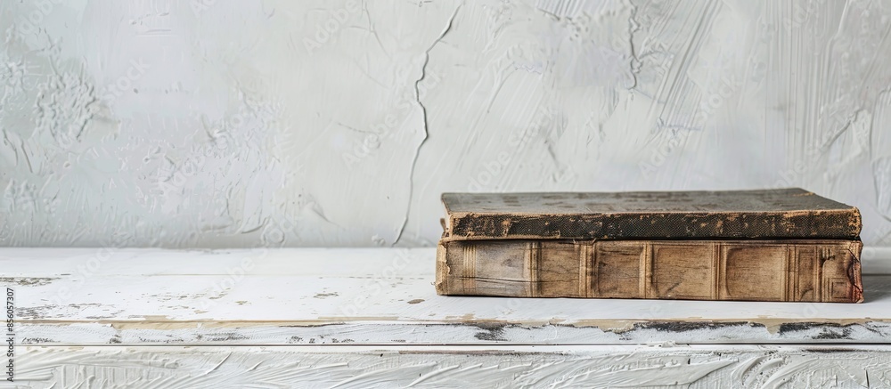 Aufkleber old shabby book on a white coffee table. with copy space image. Place for adding text or design
