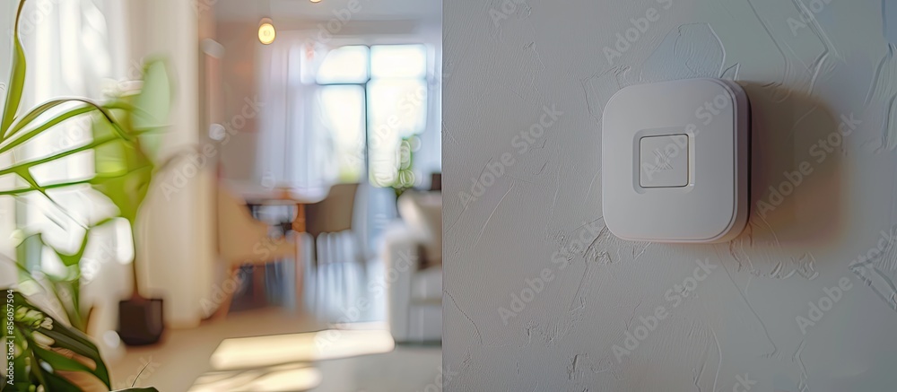Poster Close Up Object Shot of a Modern Movement Detector Unit on a White Wall in a Cozy Apartment in the Background. with copy space image. Place for adding text or design