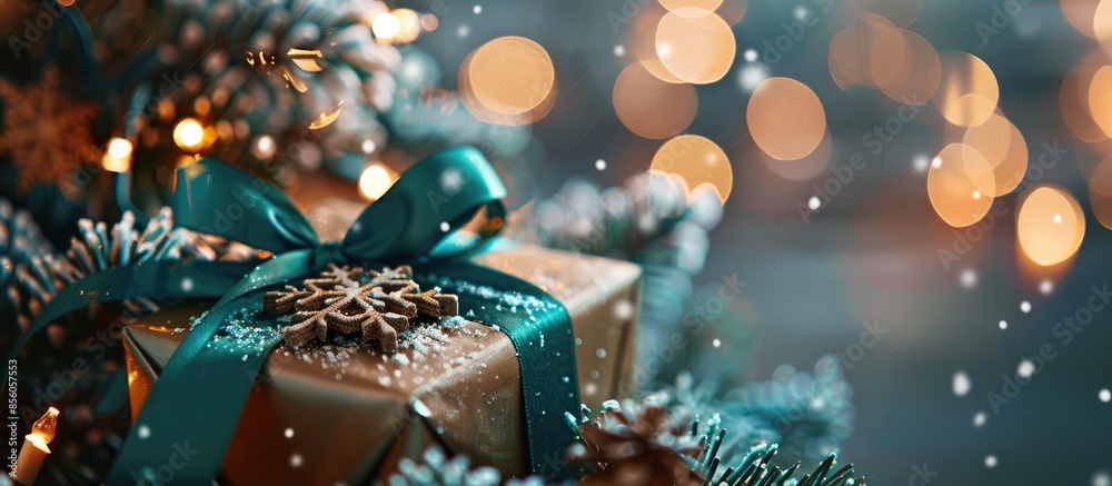 Poster a gift with a green ribbon next to a toy snowflake is not a christmas tree. toy on the christmas tre