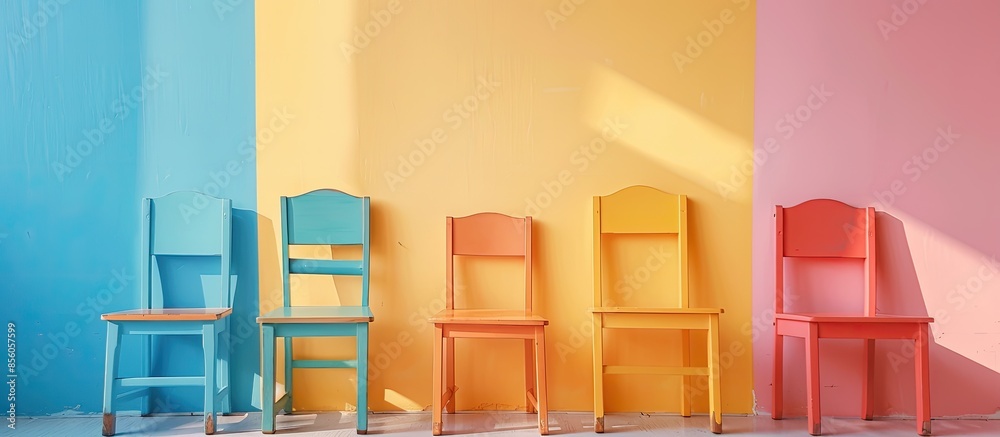 Poster Wooden child chairs near color wall. with copy space image. Place for adding text or design