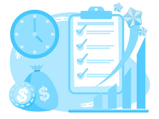 Business productivity concept, checklist clipboard, clock, money bag, rising bar chart, financial icons in blue tones. Time management, financial growth, goal setting, task planning for success