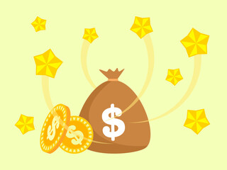Flat vector illustration of a money bag with dollar coins and golden stars, symbolizing wealth, financial success, investment growth, and prosperity on a light background