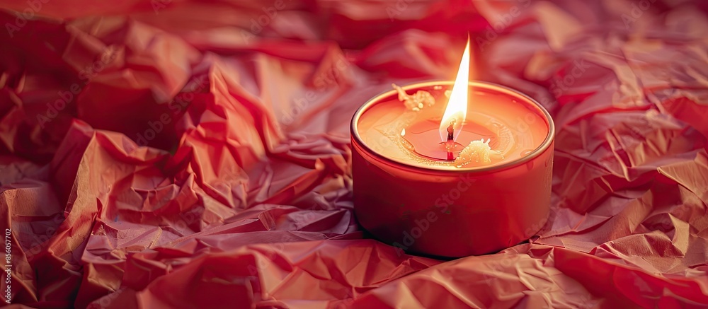 Poster Burning soy candle and wax flakes on crumpled red paper. with copy space image. Place for adding text or design