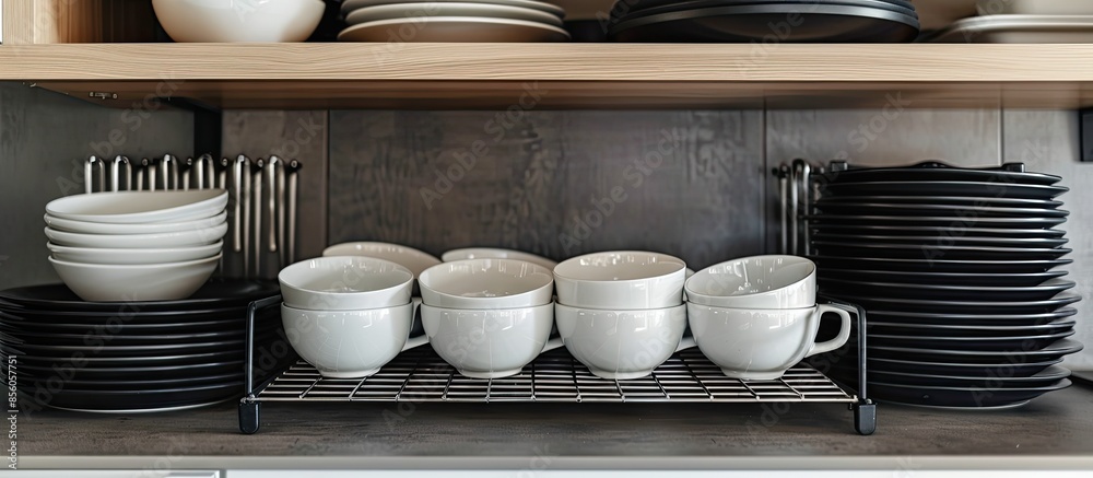 Poster Shelf for tableware drying in a modern kitchen. Black and white plates and cups on metal rack inside kitchen cupboard. with copy space image. Place for adding text or design