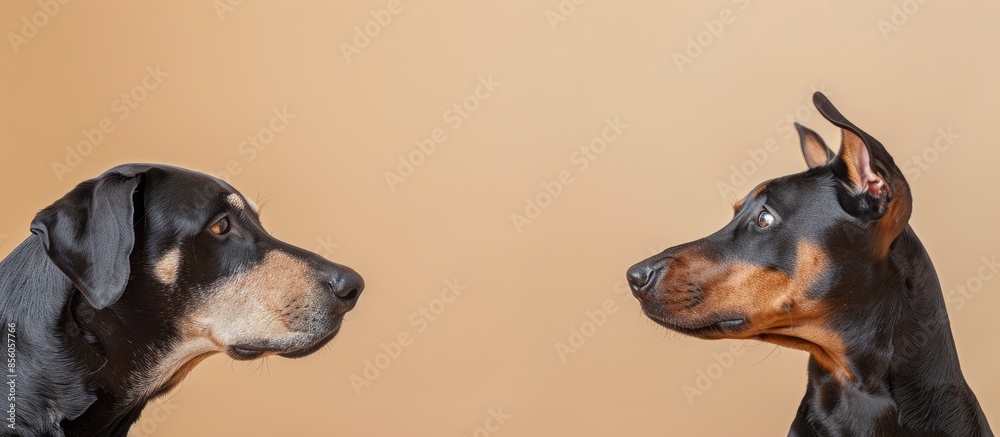 Poster two dogs  bulldog and doberman together on pastel background. with copy space image. Place for adding text or design