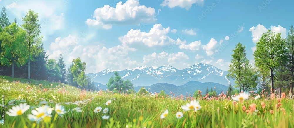 Aufkleber Grass Landscape with Sky Trees Clouds Flowers and Mountains. Copy space image. Place for adding text or design