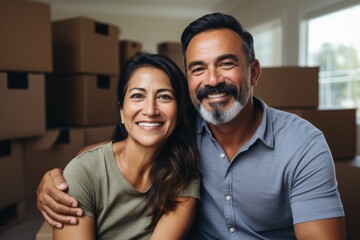 Obraz premium Portrait of a smiling middle aged Hispanic couple in new home