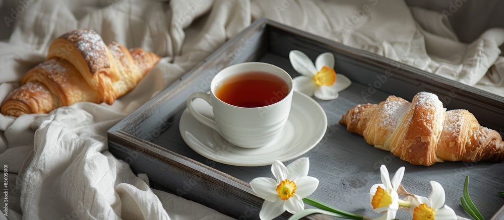 Poster breakfast in bed. romantic meal in gray wooden tray with croissants, cup of tea and narcissus flower