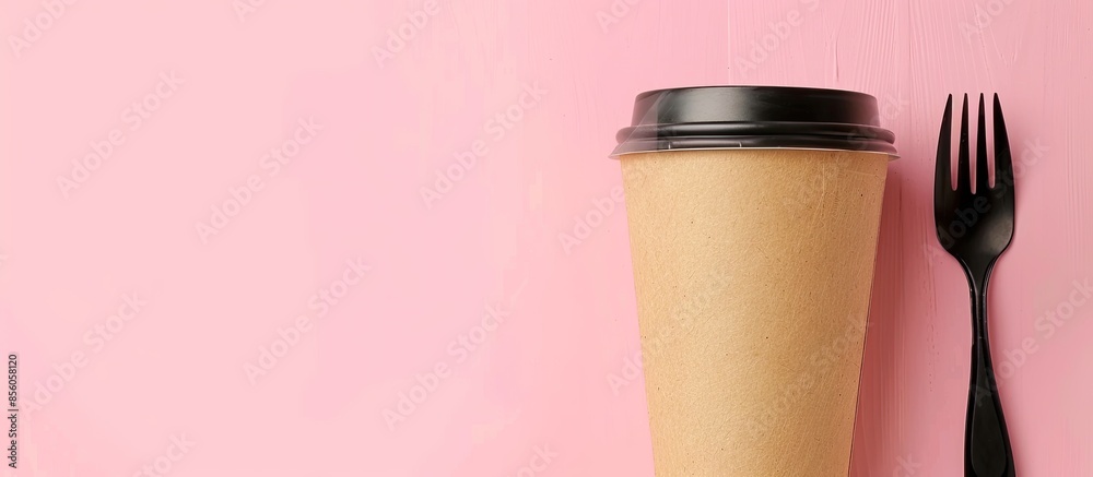 Poster Paper cup for coffee and disposable fork with a knife in a cardboard case on a pink background. with copy space image. Place for adding text or design