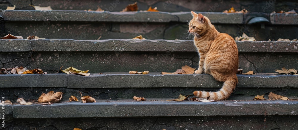 Poster cat on the stairs. with copy space image. Place for adding text or design