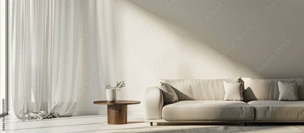 Poster Comfortable sofa and table near light wall in room. with copy space image. Place for adding text or design