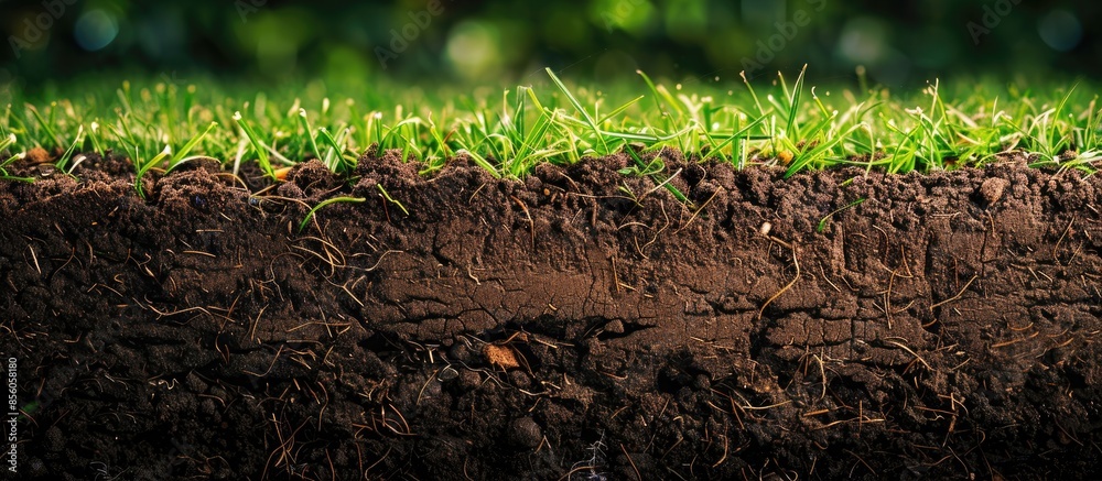 Leinwandbilder close up of soil with green grass on the top layer. part of exposed soil under bed of grass of lawn.