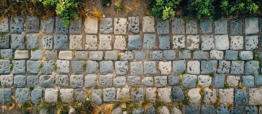 Fototapete old cobblestone road top aerial drone view. copy space image. place for adding text or design