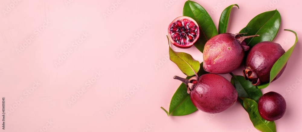 Poster mangosteen on pastel background. food isolated nature. with copy space image. place for adding text 