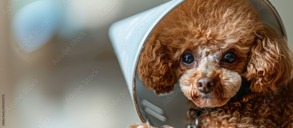 Poster sad poodle dog wearing protective cone collar on her neck. with copy space image. place for adding t