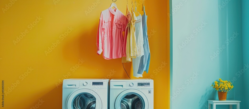 Fototapete clothes dryer attached to the ceiling with clothes hanging. high quality photo. with copy space imag