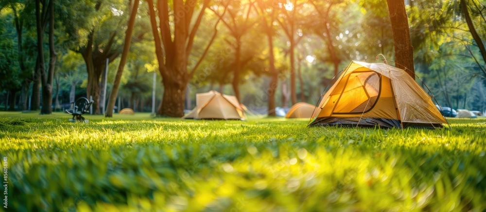Poster camping tents on the grass of outdoor parks in sunny days. copy space image. place for adding text o
