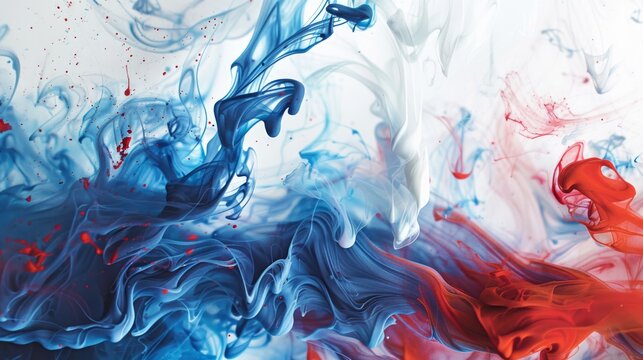 Abstract background, white, blue and red color ink swirl.