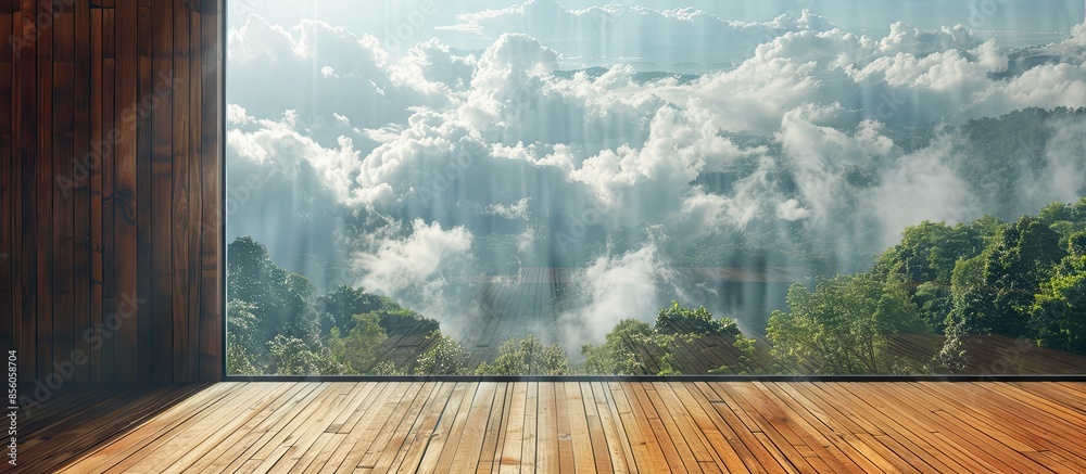 Aufkleber wooden wall with window outside forest clouds. with copy space image. place for adding text or desig