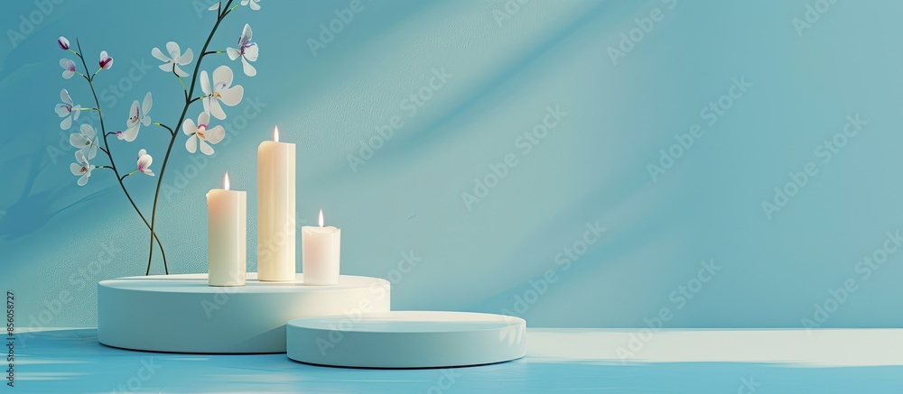Poster holders with candles and decorative podium on blue background. with copy space image. place for addi