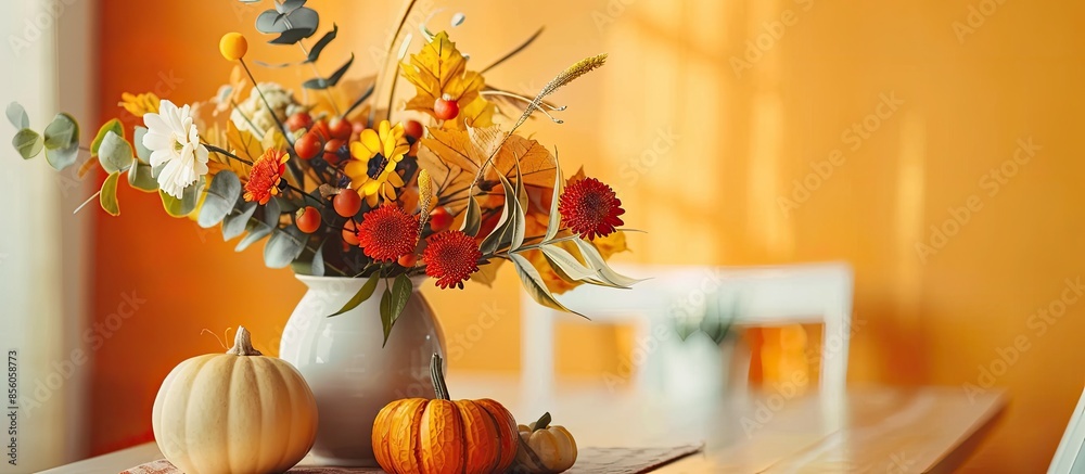 Poster Beautiful table setting and vase with autumn decor near color wall, closeup. with copy space image. Place for adding text or design