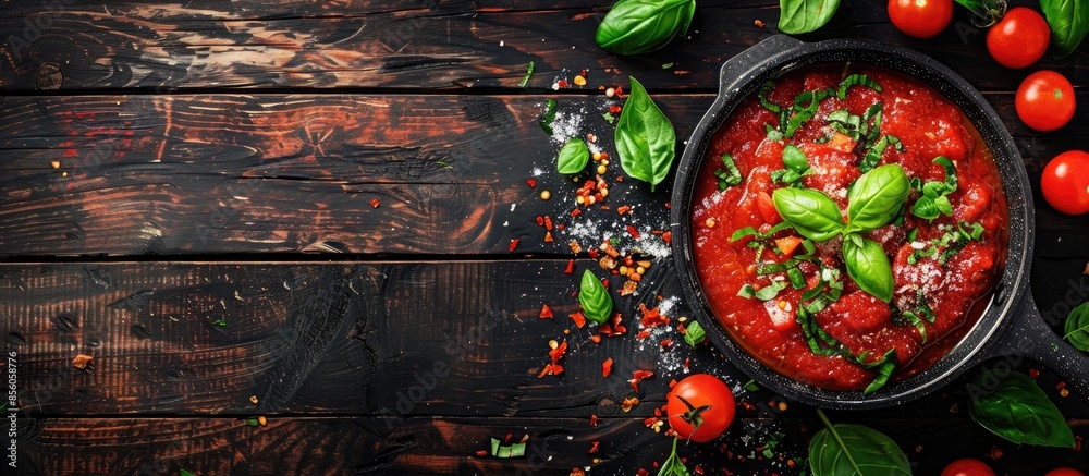 Wall mural classic homemade italian tomato sauce with basil for pasta and pizza in the pan on wooden background - Wall murals