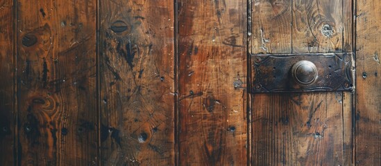 The handle extends to the doorknob to open and close a large wooden door. with copy space image. Place for adding text or design