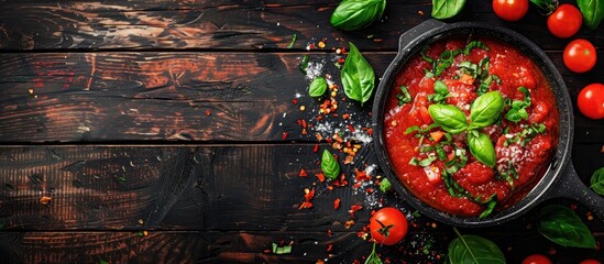 Classic homemade Italian tomato sauce with basil for pasta and pizza in the pan on wooden background, top view. Copy space image. Place for adding text or design