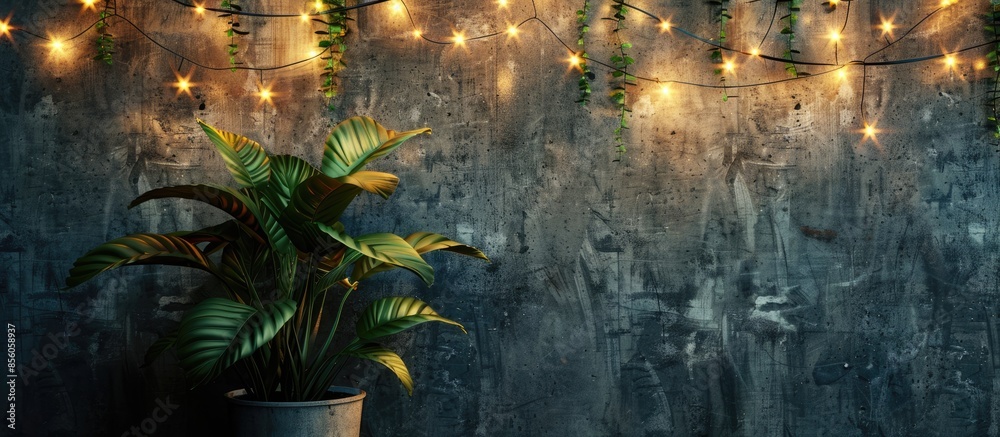 Aufkleber Potted plant under the string lights on a wall. with copy space image. Place for adding text or design