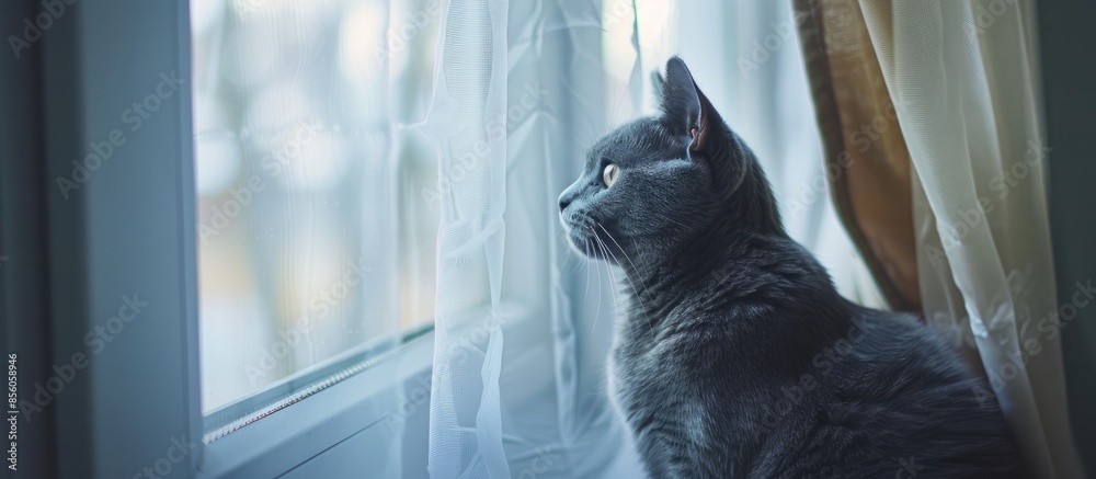 Poster portrait of russian blue cat at the window. with copy space image. Place for adding text or design