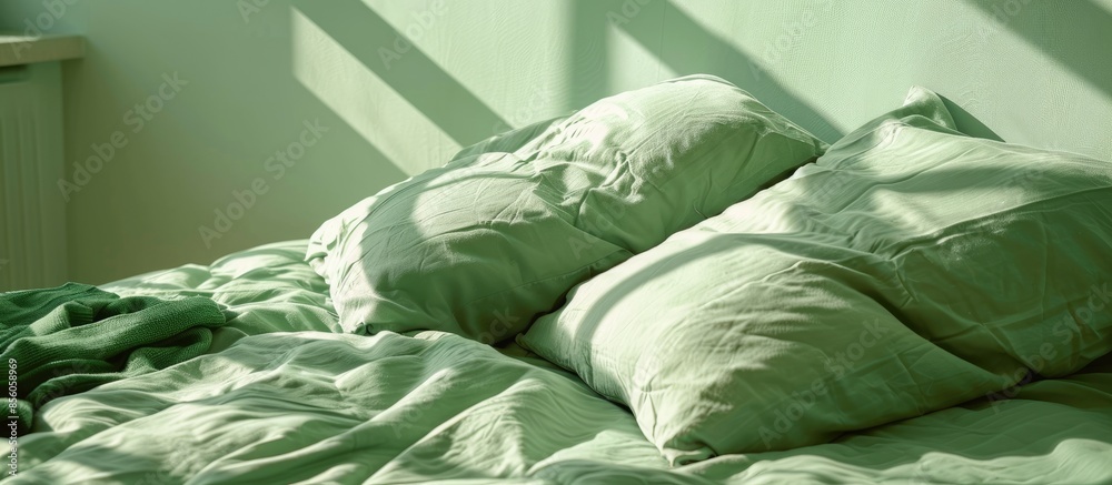 Poster Minty green bedding on the bed at the early sunny morning. Wake-up tipe. with copy space image. Place for adding text or design