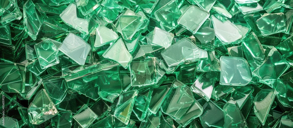 Poster Top view background many recycle pieces of broken glass in green. with copy space image. Place for adding text or design