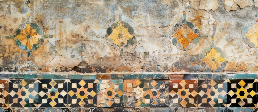 Poster aged islamic patterns on vintage mosaic floor. copy space image. place for adding text or design