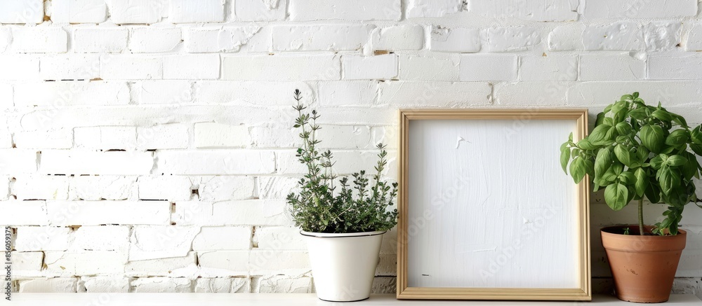 Poster The inscription in a frame on a background of a white brick wall and two pots with herbs. with copy space image. Place for adding text or design