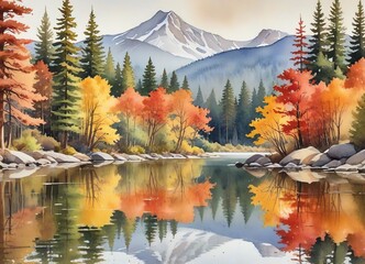 Fototapeta premium A watercolor painting of a mountain landscape reflected in a calm lake