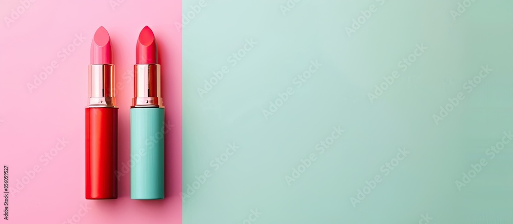 Poster Colorful lipstick in creative package design Isolated on pastel background. with copy space image. Place for adding text or design