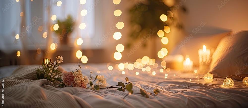 Poster beautiful glowing garland lying on bed and burning in twilight. with copy space image. place for add
