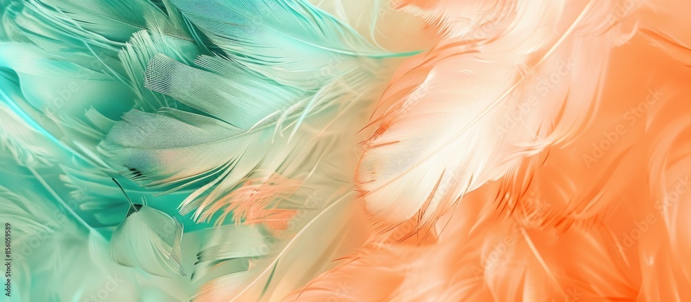 Poster green turrquoise and blue color trends chicken feather texture background,light orange. copy space i