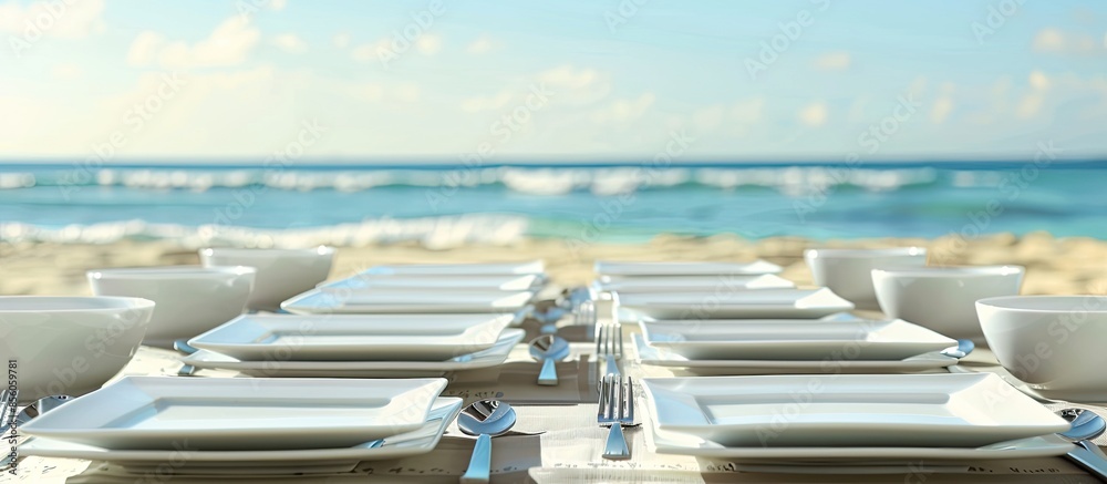 Poster contemporary square white plates in wedding party on beach. with copy space image. place for adding 