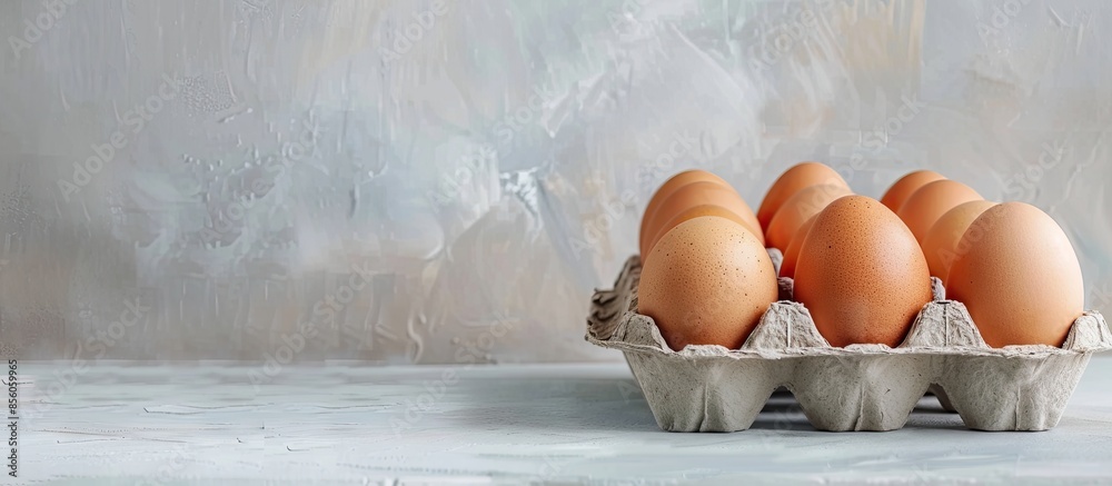 Poster chicken eggs closeup in a corton box on a gray stand pastel background. with copy space image. place