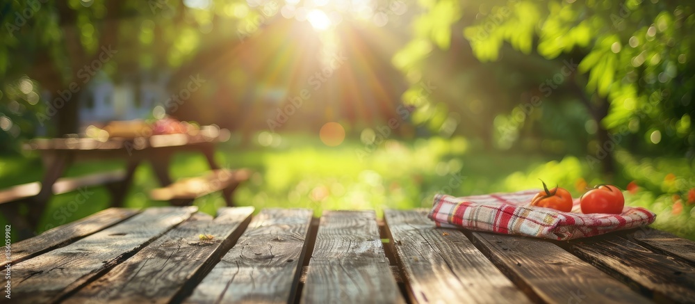 Aufkleber blurred background of green garden with grill time and shabby dark brown table of picnic. Copy space image. Place for adding text or design