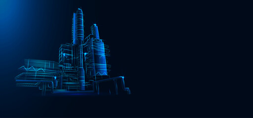 Gas Processing Plant, blue background. Triangles and particle style design. Polygon vector wireframe concept. Headline
