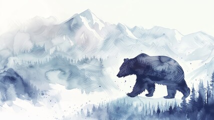 Watercolor Illustration of a Bear in Tranquil Mountains. A bear walks through a serene mountain landscape. Soft hues and gentle gradients create a calm atmosphere.