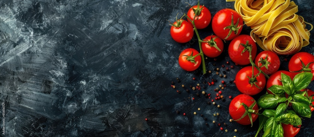 Poster vegetables and spices for tomato sauce,pasta tagliatelle with tomatoes on dark background, top view. Copy space image. Place for adding text or design