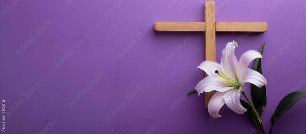 Poster good friday, lent season and holy week concept - a religious cross and a flower on purple background
