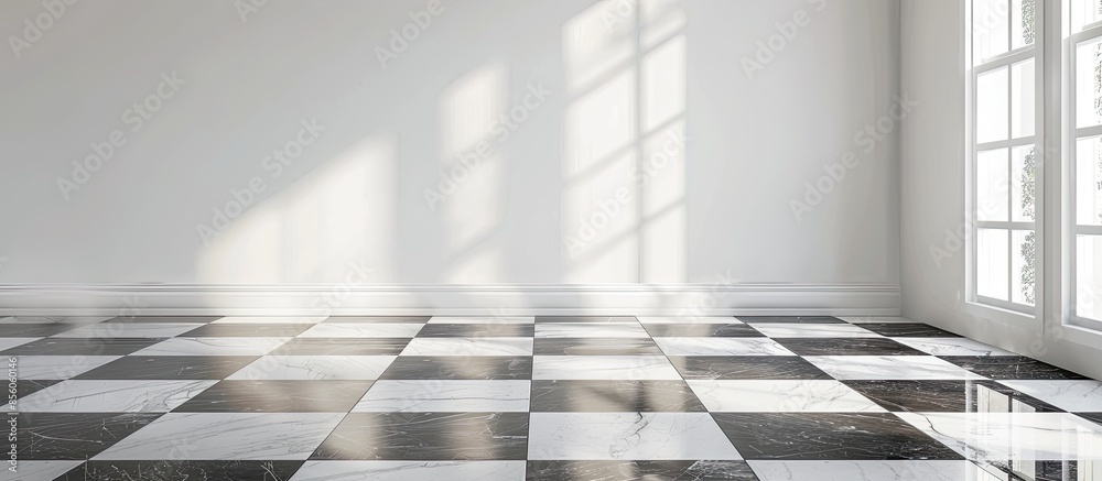 Poster white and black tile flooring in the interior of the house. with copy space image. place for adding 