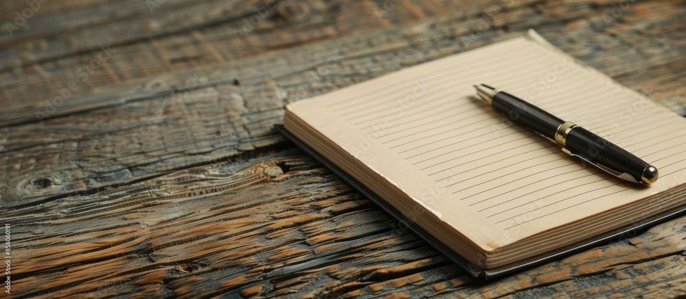 Poster A notebook with a pen sitting on a wooden table. with copy space image. Place for adding text or design